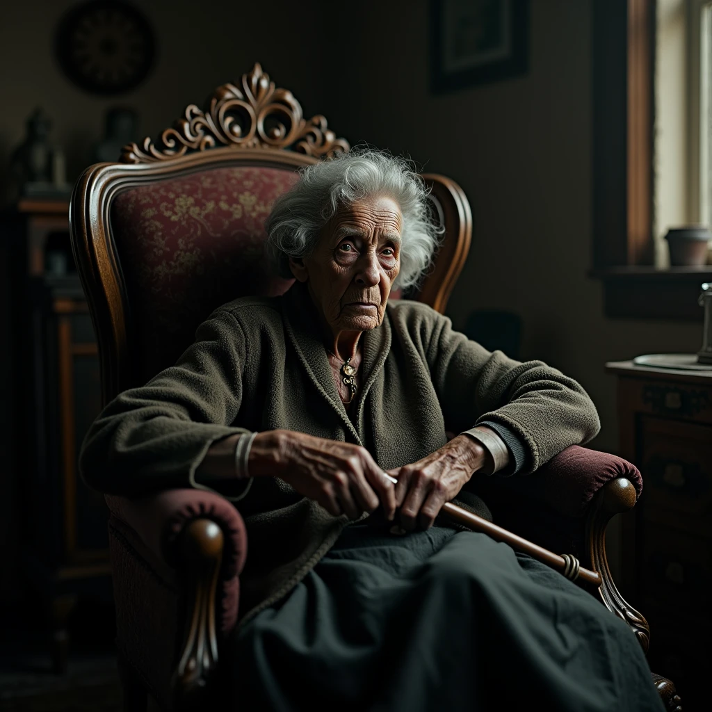 100 year old black woman sitting in armchair holding cane, Terror, antique decorations, pobres, High definition, super defined, realisitic, detailded, A sense of mystery, dark house