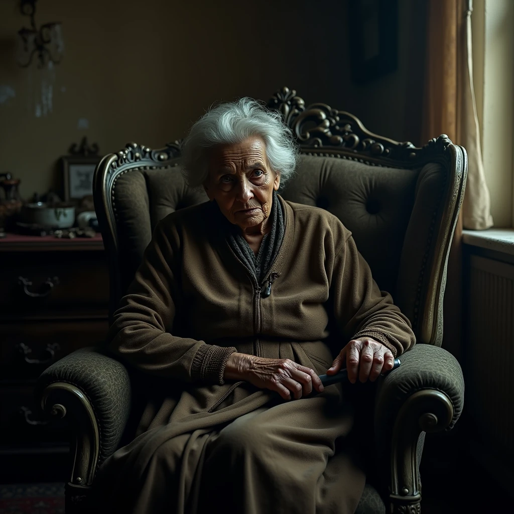 100 year old black woman sitting in armchair holding cane, Terror, antique decorations, pobres, High definition, super defined, realisitic, detailded, A sense of mystery, dark house