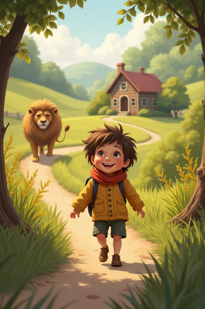 Image prompt: The child happily returning home and thinking fondly about the lion.