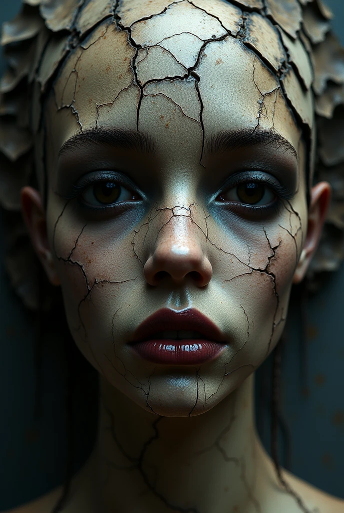 The text on the image reads:
"Ultra-detailed headshot of a porcelain-skinned figure, with a face cracked and shattered, deep fissures and missing shards reveal the fragility, tears glistening as they stream down the fractured surface, eyes brimming with intense pain and sorrow, every detail of the shattered porcelain highlighted, soft yet focused lighting that accentuates the cracks and tear-streaked face, blurred background to emphasize the raw emotion and vulnerability, hyperrealistic, cinematic lighting.