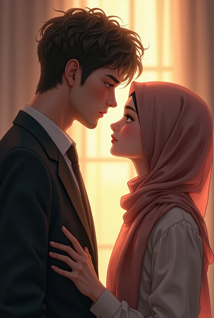 Hijab girl height 1.50 and looks like a  guy with a height of 1.80 look  look at each other with love 