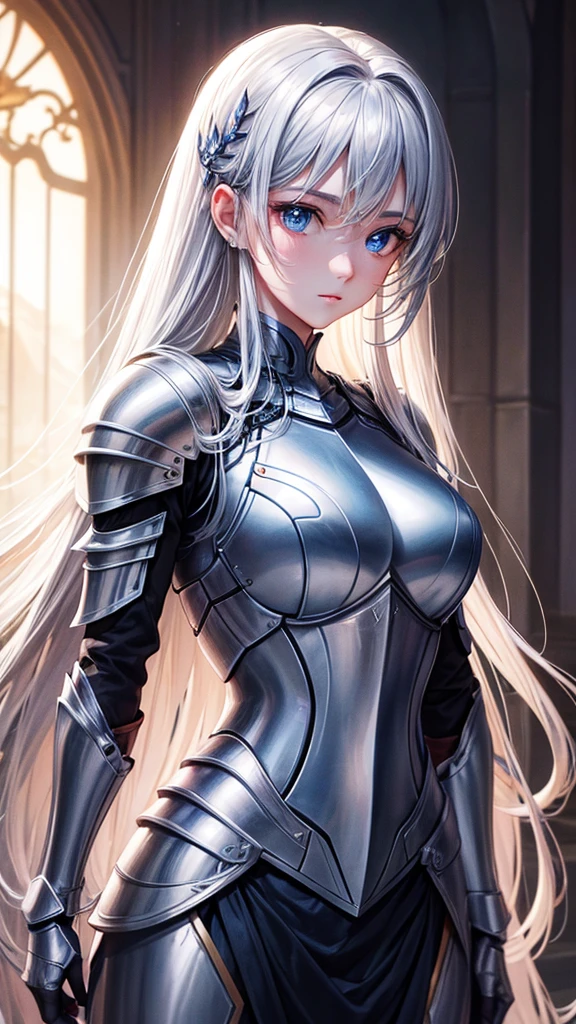 Pretty face, Best quality, Ultra-high resolution light, Glowing skin, Delicate skin, Detailed face, Delicate eyes, pretty, bionde, Straight Hair, Flowing hair, Blue eyes,Knight Armor