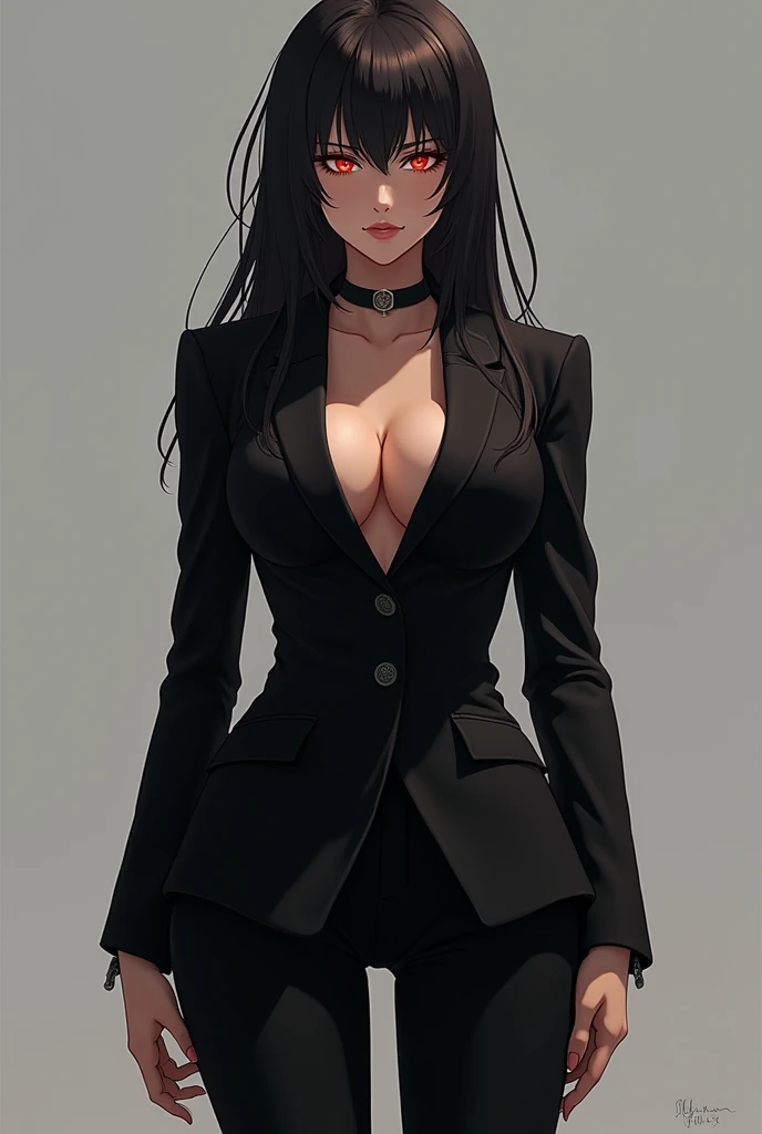I used to be innocent, trusting everyone and seeing the good in everything. But betrayal and pain changed me. Now, I'm cold, guarded, and no longer the naïve girl I once was. The world taught me to be tough, and I’ve learned to protect myself, even if it means shutting others out, confident, tall amd sexy, Anime girl, black suit ,big breasts , glowing eyes, smirking , vampire