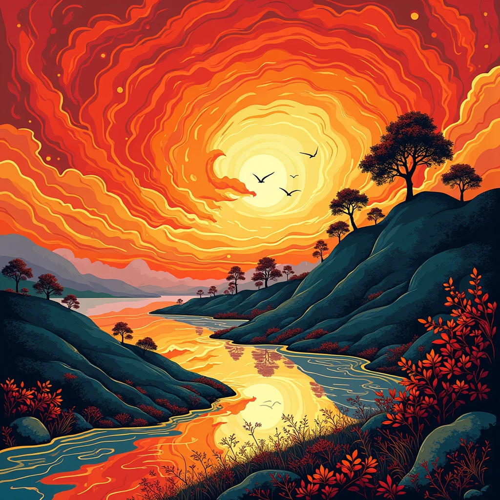 A mesmerizing and vibrant artwork masterfully blending the abstract, art deco style of Yayoi Kusama with vivid colors and intricate details. The composition features a harmonious blend of organic shapes and geometric patterns, with swirling lines and intertwining forms that captivate the viewer's attention. A captivating sky is painted in bold red hues, with swirling clouds and golden reflections, creating a dramatic backdrop for the serene hill and silhouetted trees and bushes that stand on the horizon. A shimmering lake reflects shades of blue, gold, and light pink. Birds fly gracefully across the sky, adding to the dynamic and transformative atmosphere of this stunning piece. The art deco frame adds an elegant touch, and the artwork is a breathtaking example of illustration.