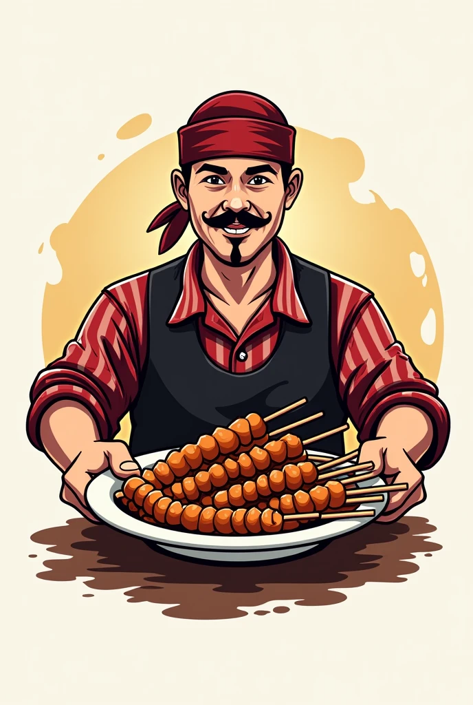 Logo A satay seller with a moustache, wearing a black shirt and a red and white ed shirt underneath, wearing a headband and in front of him is a serving of delicious ready-to-eat satay. Dan bertuliskan sate CAK BAZS