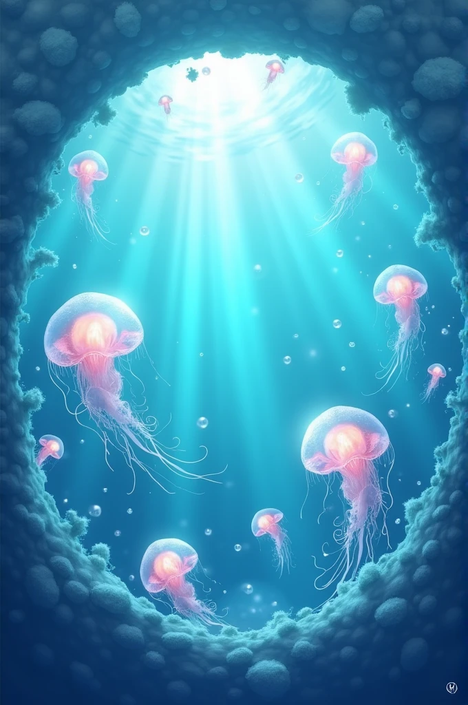 A circle with jellyfish and bubbles with a crystal blue background