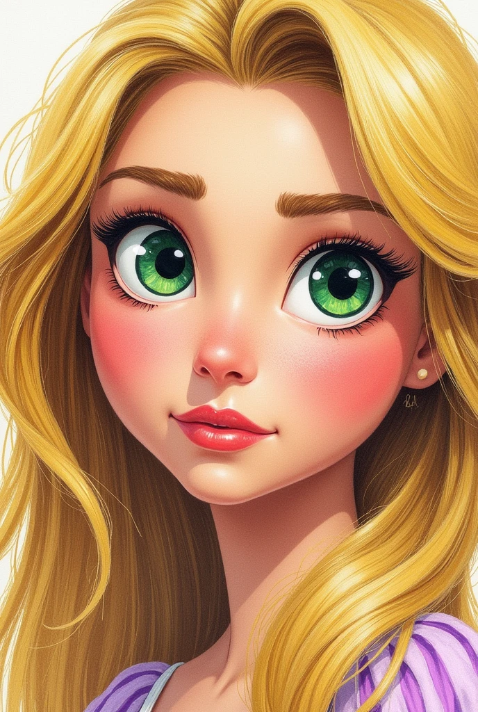 Disney's Rapunzel, retrato close up, representing his personality with his pose , let your hair surround the image , brave look in crayon and pencil