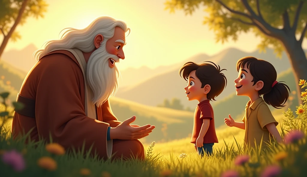Animated image of a prophet chatting with his two grandchildren
