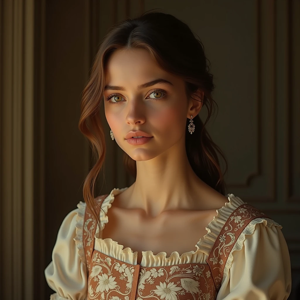 beautiful young girl, portrait of a girl in Cordoba, cordoba girl, elegant girl in traditional cordoba dress, detailed face, beautiful eyes, Delicate features, young woman in traditional Spanish costume, ornate traditional dress, intricate embroidery, lace and ruffles, soft lighting, warm color palette, Romantic atmosphere, classical painting style, chiaroscuro lighting, Photorealistic, highly detailed, 8k, masterpiece, hyper realistic, natural skin tones, beautiful skin texture, flowing hair, detailed hairstyle, photographic quality, elegant pose, serene expression, floral scent, captivating aura, cinematic lighting, atmospheric, fine art photographySolo, High resolution, Long hair, breasts, looking at the viewer, blush, smile, Brown hair, black hair, High resolution, masterpiece, anatomically correct, necessary, Awarded many times, The best quality, detail, Long hair, breasts, earrings, big breasts, Multiple views, 