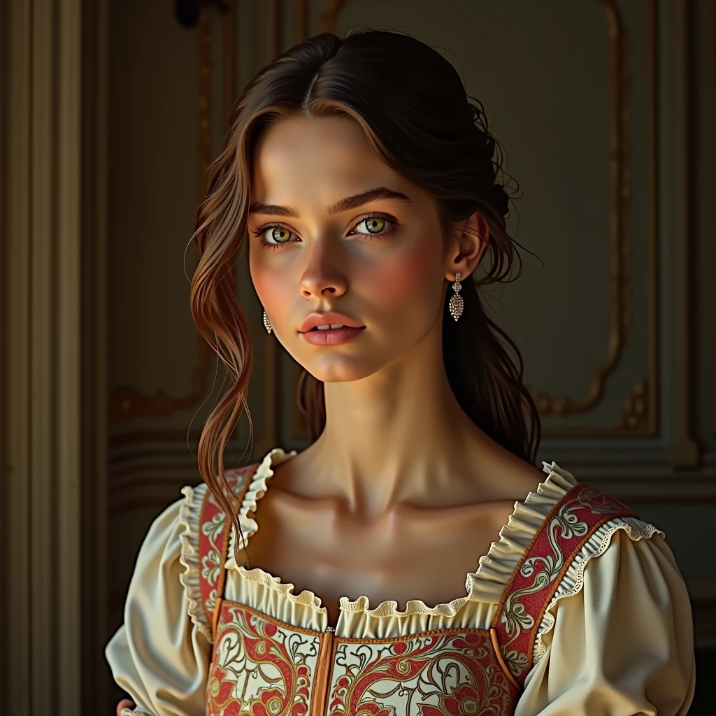 beautiful young girl, portrait of a girl in Cordoba, cordoba girl, elegant girl in traditional cordoba dress, detailed face, beautiful eyes, Delicate features, young woman in traditional Spanish costume, ornate traditional dress, intricate embroidery, lace and ruffles, soft lighting, warm color palette, Romantic atmosphere, classical painting style, chiaroscuro lighting, Photorealistic, highly detailed, 8k, masterpiece, hyper realistic, natural skin tones, beautiful skin texture, flowing hair, detailed hairstyle, photographic quality, elegant pose, serene expression, floral scent, captivating aura, cinematic lighting, atmospheric, fine art photographySolo, High resolution, Long hair, breasts, looking at the viewer, blush, smile, Brown hair, black hair, High resolution, masterpiece, anatomically correct, necessary, Awarded many times, The best quality, detail, Long hair, breasts, earrings, big breasts, Multiple views,