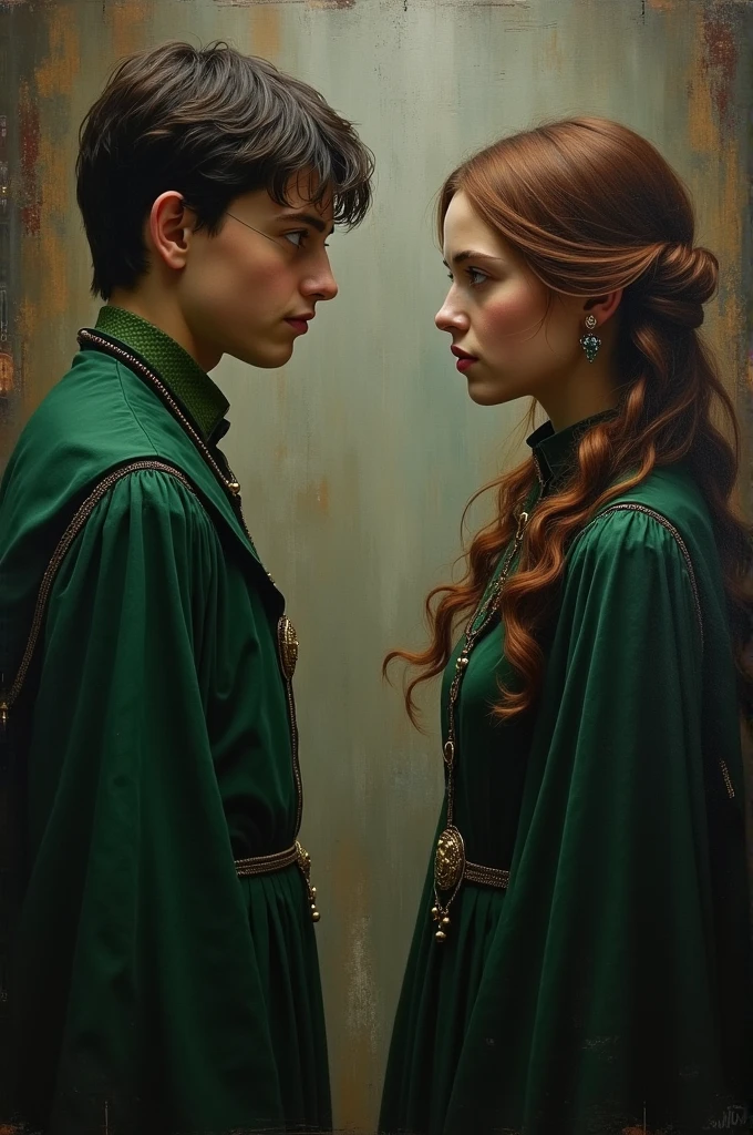 make a picture, from the history of the potters, Harry with his sister Amelia, where it is noticeable that they are divided, harry being gryffindor and she being slytherin