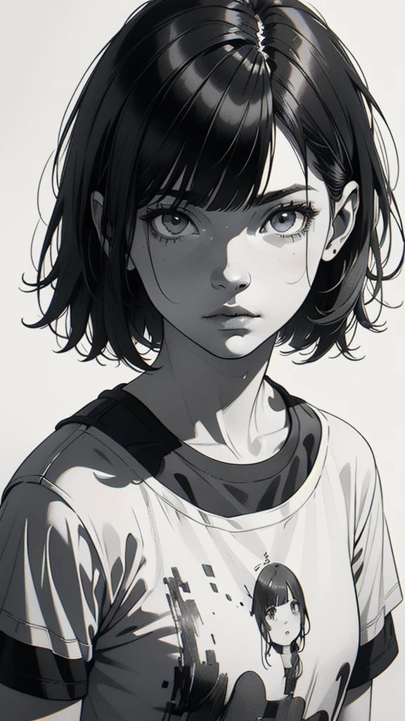 1 boyish girl, solo, sharp eyes, monochrome, greyscale, short black hair, portrait, white T-shirt, thin eyebrows, closed mouth, looking at viewer, graphite \(medium\), detailed lips, hatching \(texture\), without makeup, full bangs, upper body, (best illustration), (best quality), (very detailed), (masterpiece), expressionless,