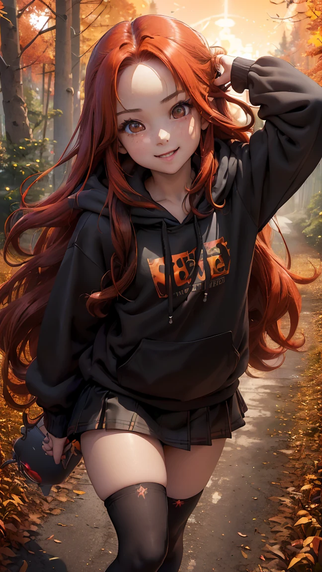 Young girl, (), (little body, small height), (petite girl: 1.35), (adorable face), (big forehead: 1.2), she has a long flowing hair, (red hair: 1.5), (long hair: 1.35), asian features, (brown eyes: 1.5), bright eyes, brown light eyes, (white skin: 1.35), beautiful detailed eyes, cute young girl, (flat chest: 1.35), (((wearing black skirt, a baggy black hoddie and Over-the-knee socks))), high quality clothes, high resolution, (detailed clothes), (loose hoddie: 1.35), (autumn forest, sunset, warm light background))), cute, daring girl, (detailed background), (full detailed 8k), (perfectly detailed face), (enhance anatomy), vfx, highres, sharp, focus, (photorealistic artwork: 1.35), (extremely detailed CG unity 8k wallpaper), (((vibrant colors, vibrant theme))), (dynamic pose: 1.5), cool vibes, fashion girl, happy, flirting expression, coquette, (playful attitude), smiling, happy, adorable small girl, joyful girl