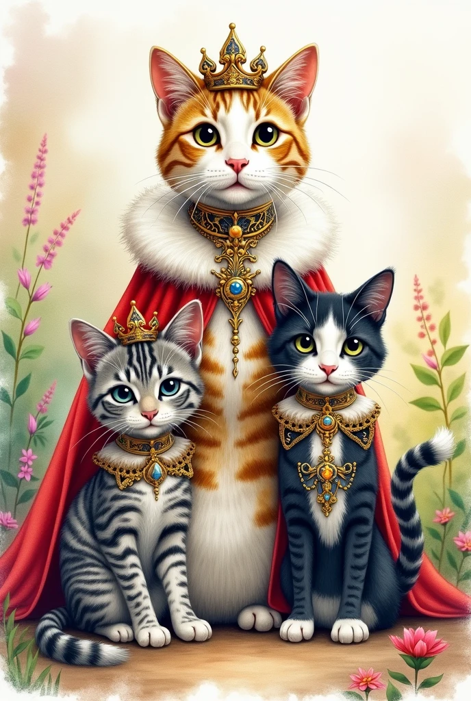 Watercolor painting of a colorful cat, white, yellow, black and grey striped wearing a queen's outfit and her two children dressed as princes, one is grey and white and the other is black and grey striped