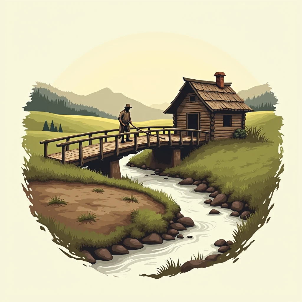 Create logo with a house made of boards, a big bridge, a stream, a peasant plowing
