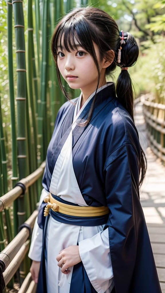 Japanese elementary school girl cosplays as Okita Souji of the Shinsengumi, sidelong glance, end of Edo period, Kyoto, bamboo forest
