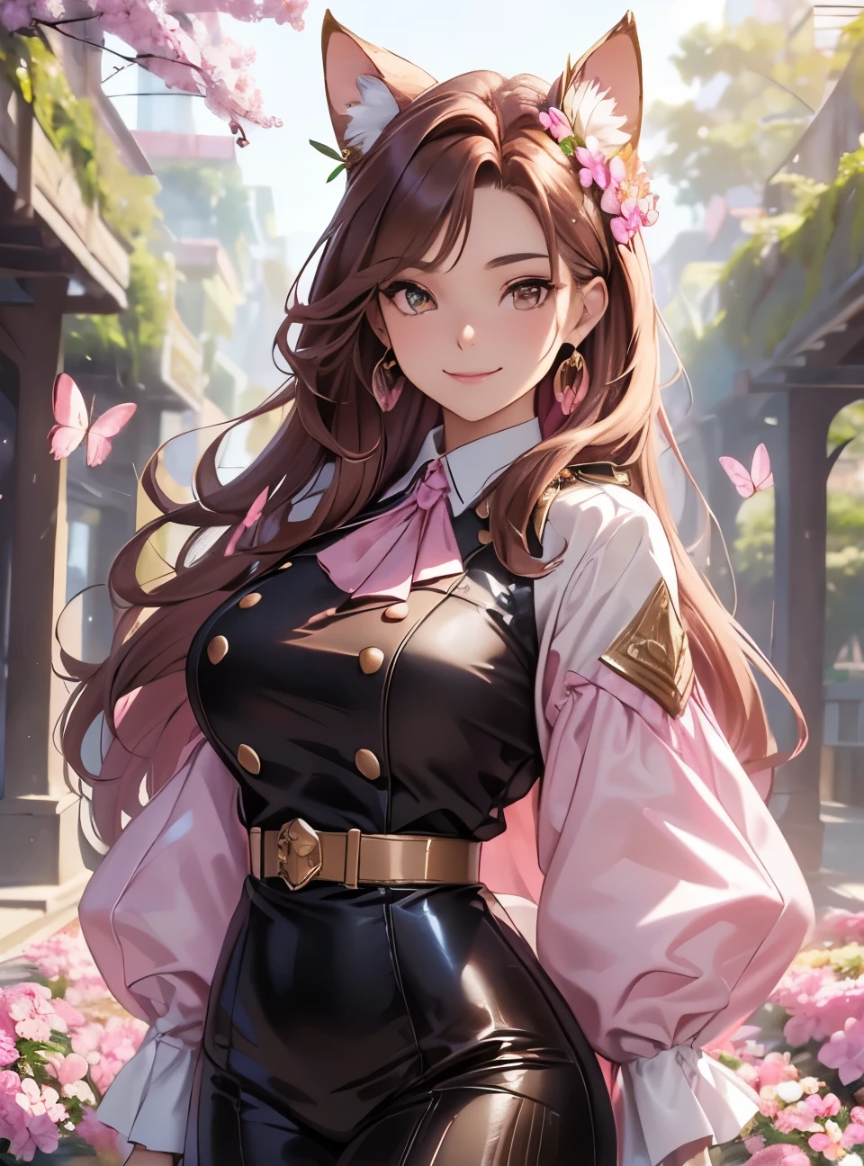 (best quality,4k,8k,highres,masterpiece:1.2),ultra-detailed,(realistic,photorealistic,photo-realistic:1.37),acrylic painting,beautiful Brazilian model in a uniform outfit with downy hair,beautiful Brazilian model with extremely colorful brown hair and detailed facial features,beautiful Brazilian model standing in a beautiful garden sakura flowers, long hair,cat ears, hair bows, uniform pink gold and black outfits, smile, happy face, brown pink hair,butterflies, brown eyes, mature woman, older woman