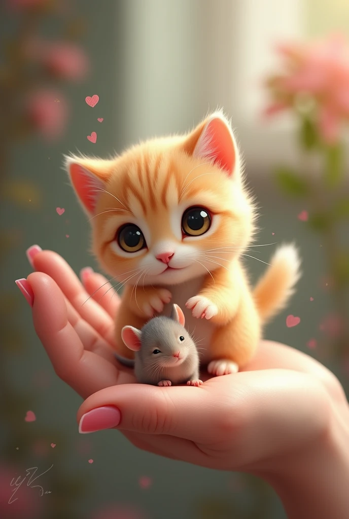 Little cate eating mouse on hand
