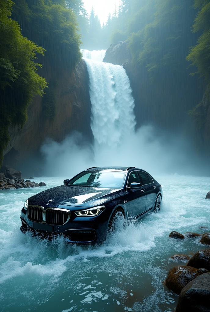 Car in the waterfall