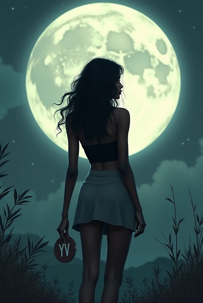 I need a photo of a woman from behind and a giant full moon in front of her, The woman has dark skin, wavy hair and big eyelashes, Although her face will not appear, she is wearing a short, loose grey skirt and a black top., You can see a little bit of her belly but she is on her back, I won't bring any shoes because I don't want my feet to appear in the photo., The full moon has to be big and bright and she will be looking at it from behind, In my hand I want him to have a disc in his hand. The disc has to have the letters “YV” on it.