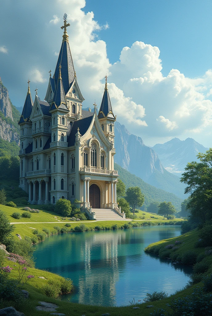 make me a photo of a beautiful big house in heaven, very realistic, photo taken using a Nikon camera