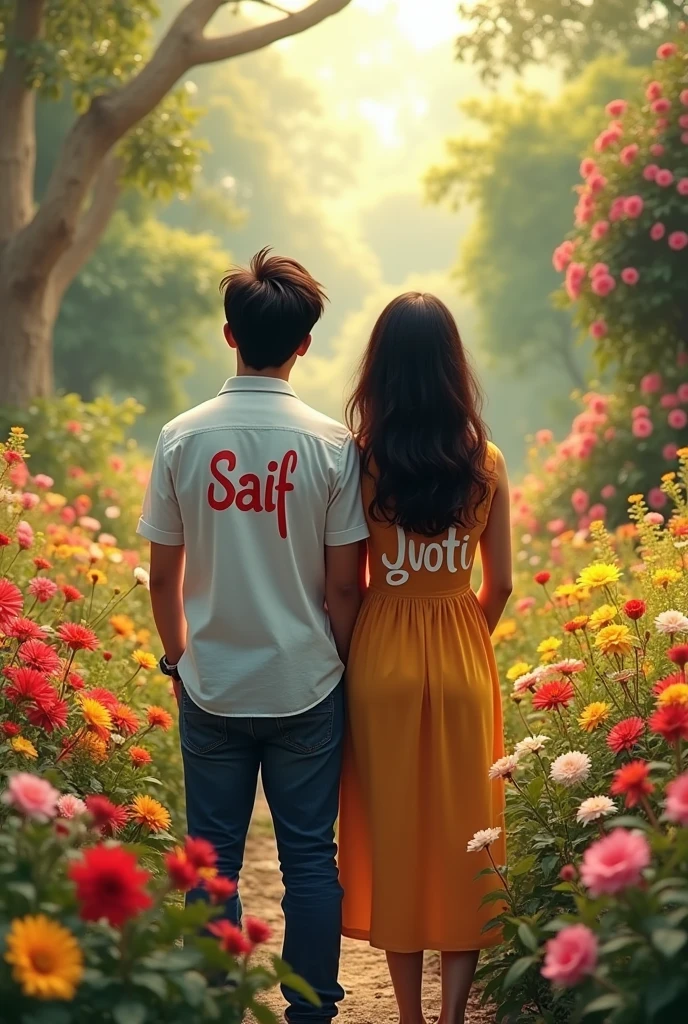 A couple in village flower garden and his tshirt behind name Saif her tshirt behind name jyoti don't show the face