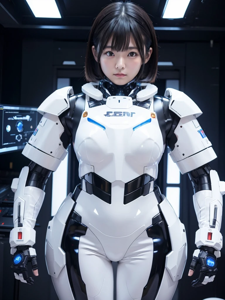 Japanese woman in a white robot suit,Black rubber joints,There is a control panel on the chest.,Plump,Slightly thicker