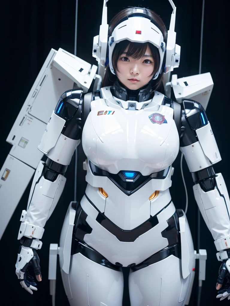 Japanese woman in a white robot suit,Black rubber joints,There is a control panel on the chest.,Plump,Slightly thicker
