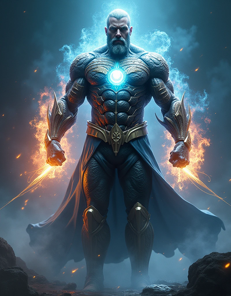 Aqua man super hyper realistic carechter sleek elegant armor, radiant metal, intricate detail, celestial infernal asthetics, runes and sigils, central crystal core, pulsing energy, multicolored light, prismatic glow,