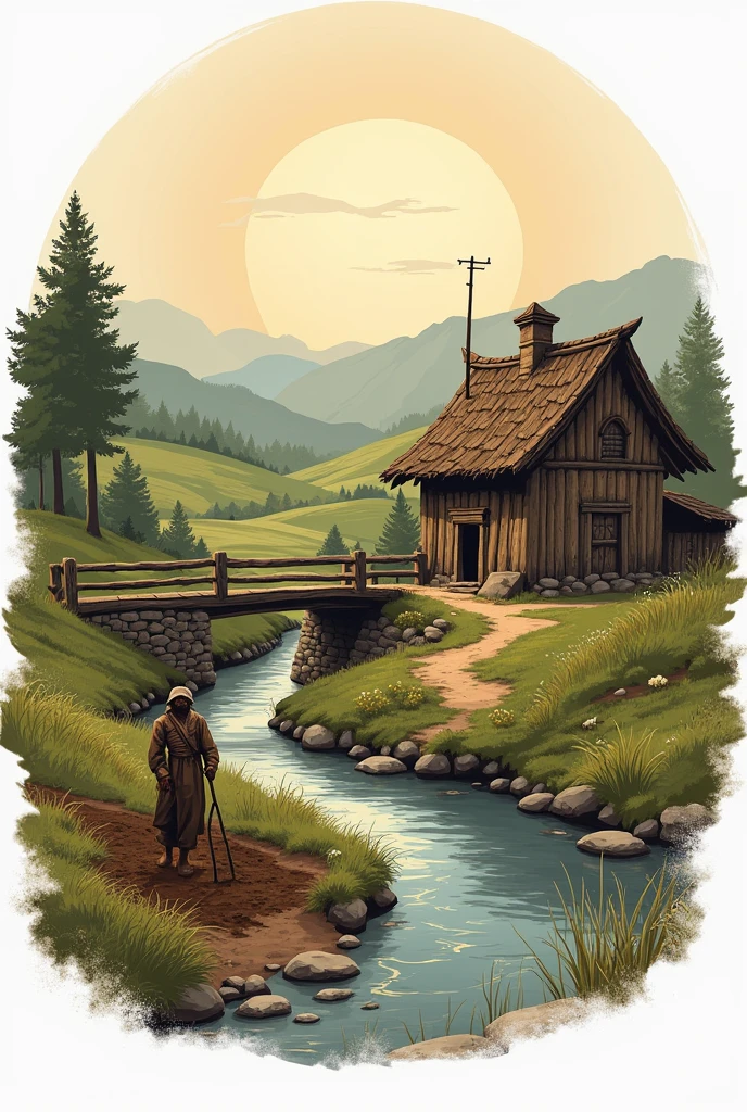 Create logo with a house made of boards, a big bridge, a stream, a peasant plowing