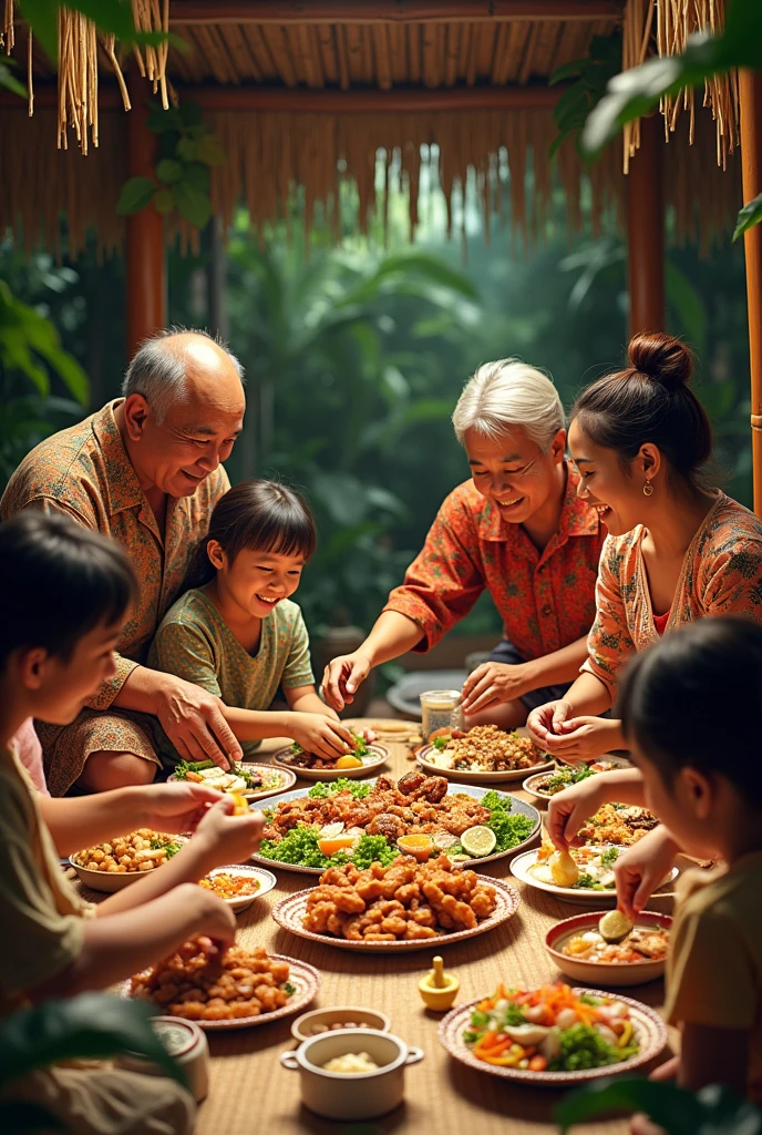 Pov: Filipino Family inside a bahay kubo welcoming guest to a boodle fight Image