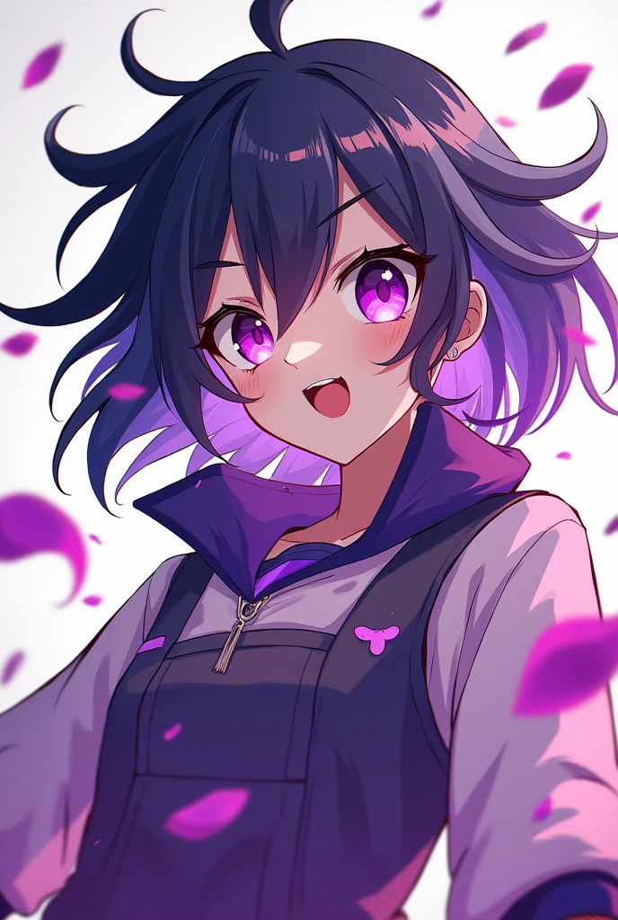 Create an image of a not very realistic anime character with the focus on her and few details in purple.