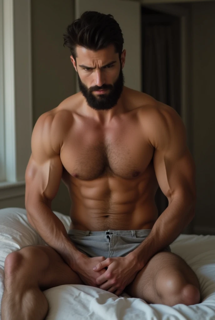 make a picture of a strong muscular six pack hot man with a beard short/long hair brunet, jerking off on his bed no clothes on private parts showing him having a hard dick, full body picture head to toe another male sucking on his dick