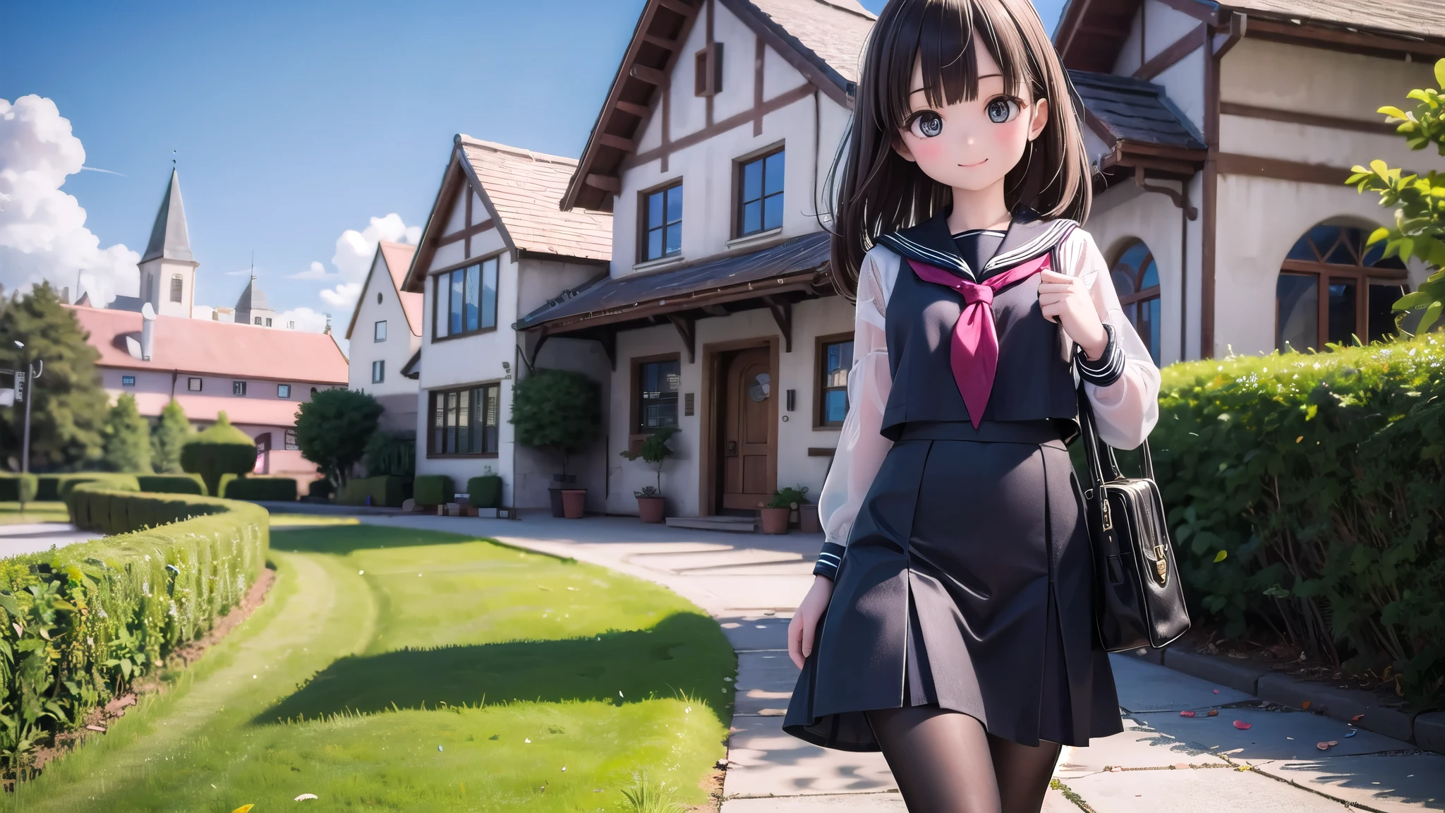 (masterpiece),  town,  blue sky,  One Girl,  smile,  alone,  Sailor suit、Long skirt,  Overgrown,  petal,  plant、Skirt lining、Translucent slip、nostalgic、Black Pantyhose