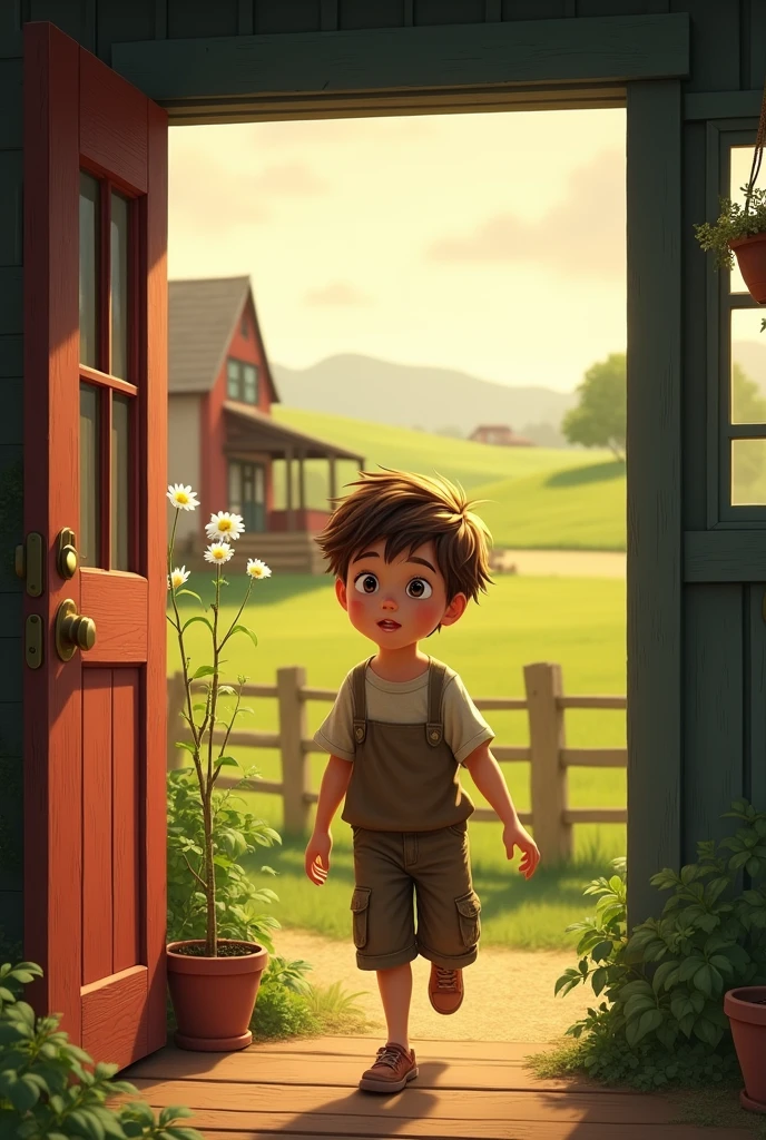 a young boy opening his front farmhouse door to go outside in the morning 