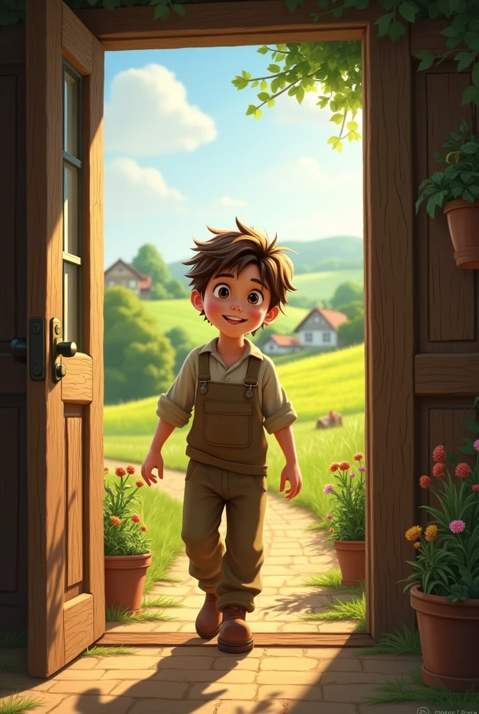 a young boy opening his front farmhouse door to go outside in the morning