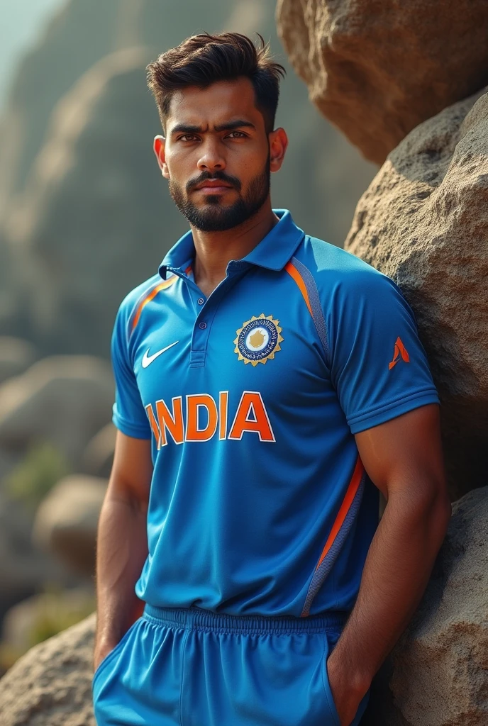 A man 30 years old boy stood with his hand on the rock wearing cricket india jersey 