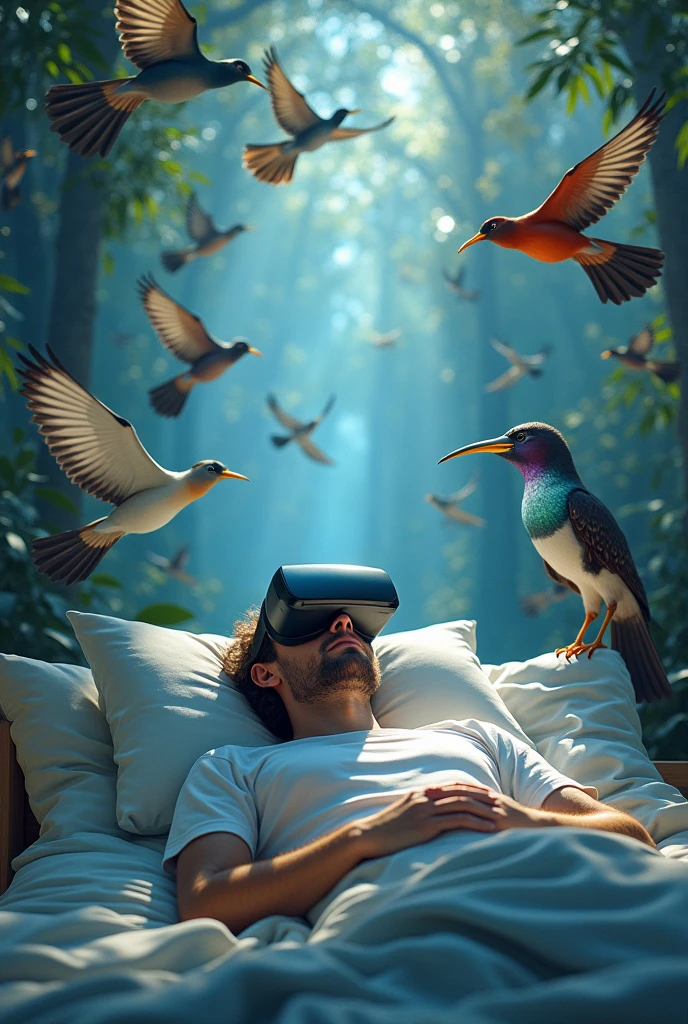 Man lying on a bed with virtual reality glasses, surrounded by a world dominated by gifted birds