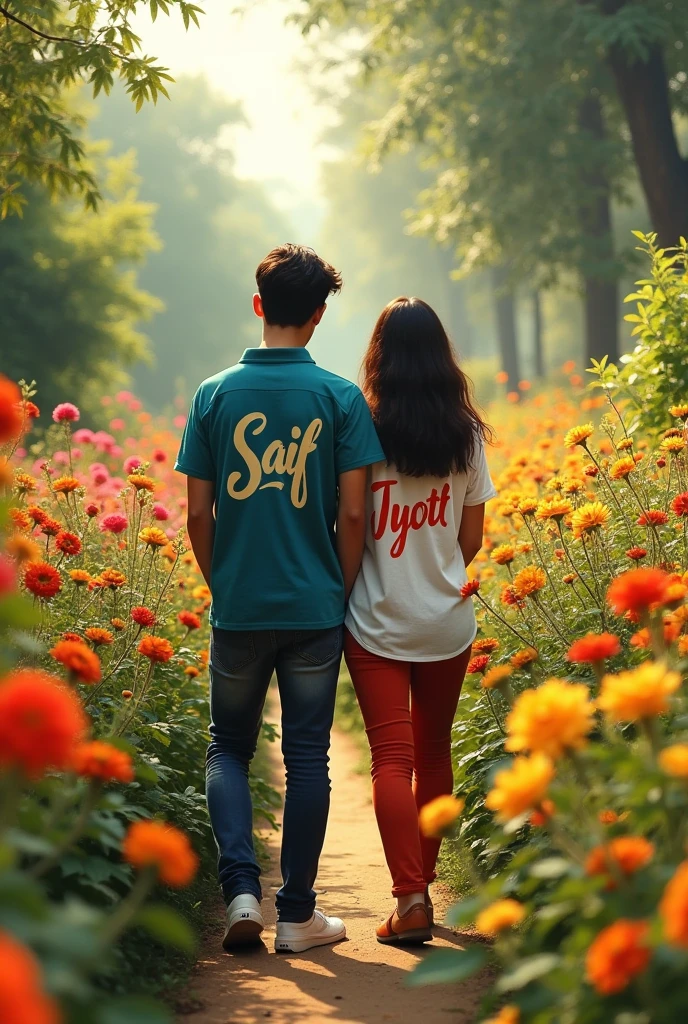 A couple in village flower garden and his tshirt behind name Saif her tshirt behind name jyoti don't show the face