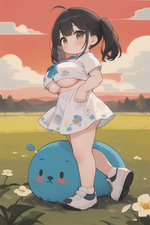 (Highest quality,masterpiece:1.3),((1 cute girl:1.2)),(child,:1.4), Low Twintails, hair, alone, Outdoor, cloud, black hair, dress, White footwear,Red Sky, shoes, Short sleeve, sneakers, View your audience, Brown eyes, white dress, whole body, (massage the breasts:1.3), Day, cloudy sky, Floral print, 前hair, blue sky, Grass, blush, wood, (Huge breasts:1.6)、Underboob