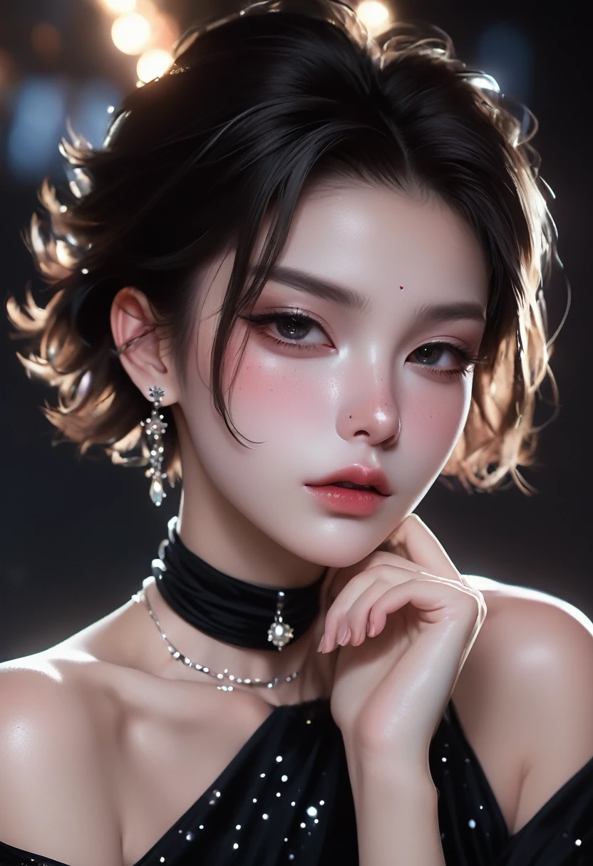 1 Girl,Solitary,Exquisite facial features,Dark eyeshadow,small freckles,Back lip,Slender neck,Hands touch chin,Exaggerated jewelry,Short and smooth hair,Detailed hair accessories,Glowing skin,High collar off-shoulder short sleeves,Looking at the camera