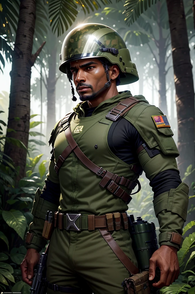 brown man, from the front, serious appearance, soldier of the Brazilian army, digital camouflage uniform, olive green, name ''ALISON'' ON THE CHEST, with helmet containing a small net and detailed leaves, green background of the Amazon forest, do not include people or animals, Unreal 5. RPG Portrait, Unreal Engine Character Art, Cinematic Realistic Portrait, Small Character., Highly Detailed VFX Portrait,