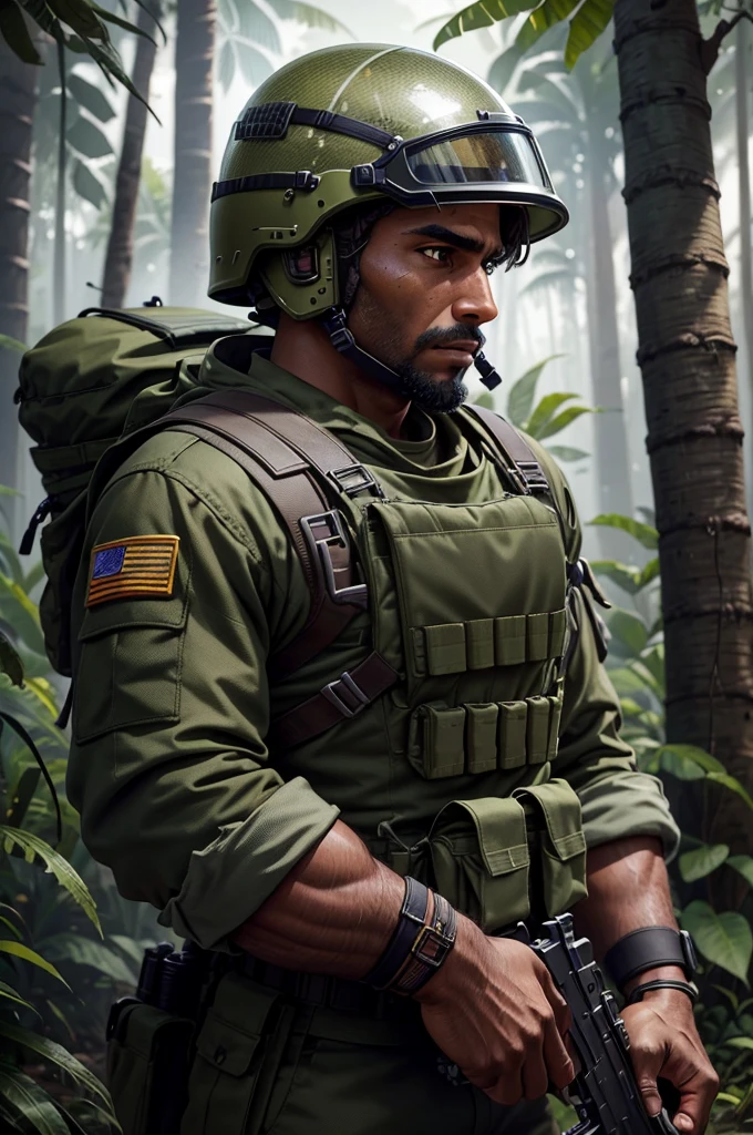 brown man, from the front, serious appearance, soldier of the Brazilian army, digital camouflage uniform, olive green, name ''ALISON'' ON THE CHEST, with helmet containing a small net and detailed leaves, green background of the Amazon forest, do not include people or animals, Unreal 5. RPG Portrait, Unreal Engine Character Art, Cinematic Realistic Portrait, Small Character., Highly Detailed VFX Portrait,