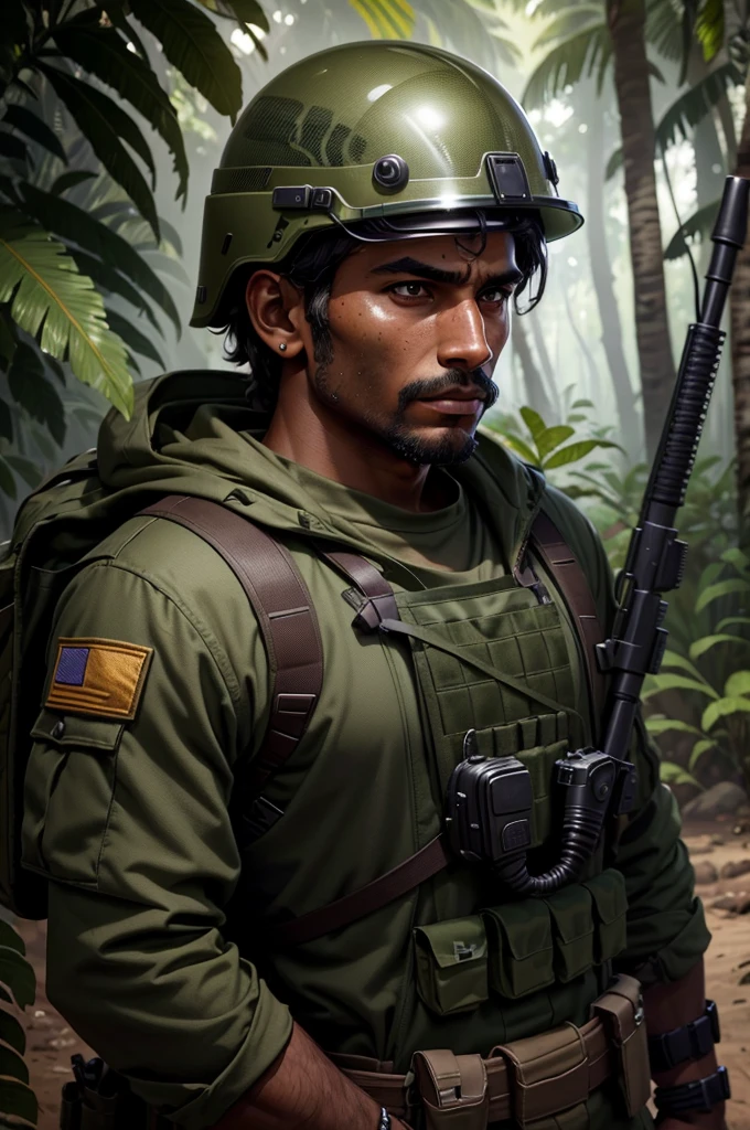 brown man, from the front, serious appearance, soldier of the Brazilian army, digital camouflage uniform, olive green, name ''ALISON'' ON THE CHEST, with helmet containing a small net and detailed leaves, green background of the Amazon forest, do not include people or animals, Unreal 5. RPG Portrait, Unreal Engine Character Art, Cinematic Realistic Portrait, Small Character., Highly Detailed VFX Portrait,
