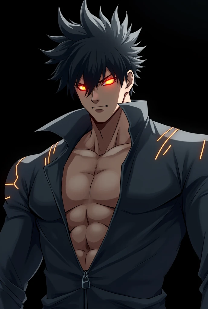 Generate a dark, intense anime-style character portrait. The character should be a muscular male with a sharp, angular face, spiky black hair, and a fierce expression. His hair should have a slightly wild look with strands falling over his face. The character's right eye should be glowing with a fiery orange light, while the left eye remains dark, adding to the menacing vibe. His attire should include an open dark gray shirt, revealing his chiseled chest and abs. The shirt should have a futuristic, slightly reflective texture with faint glowing accents along the edges, adding to the overall dark, sci-fi theme. The background should be pitch black