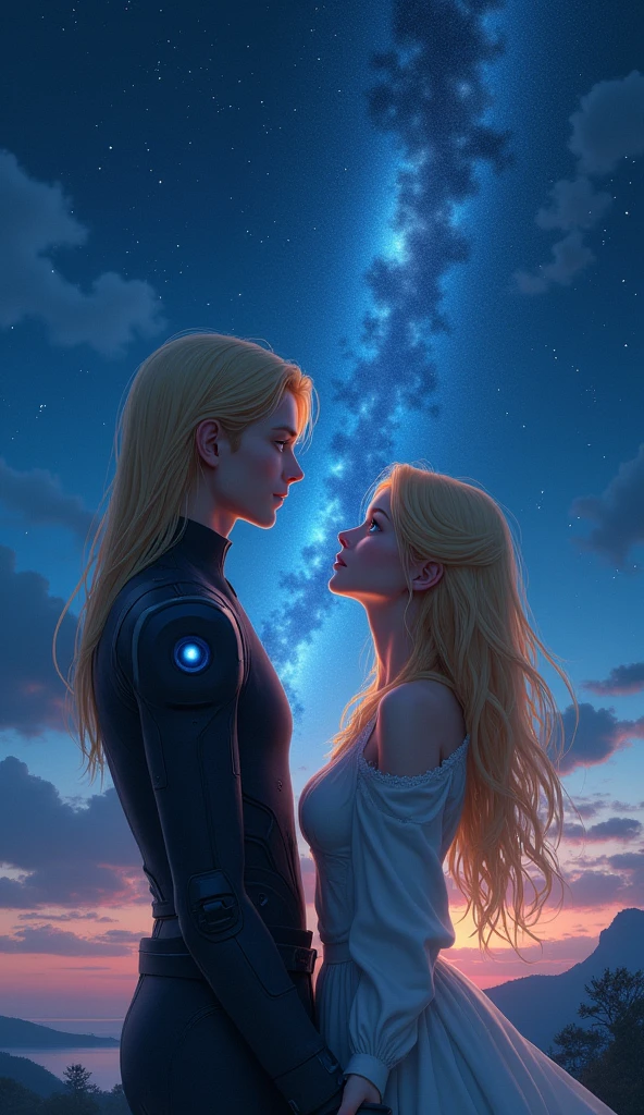 A beautiful android male with long blonde hair is looking at the night sky with a human blonde female、Beautiful blue eyes reflect the universe、Beautiful sight、Love story