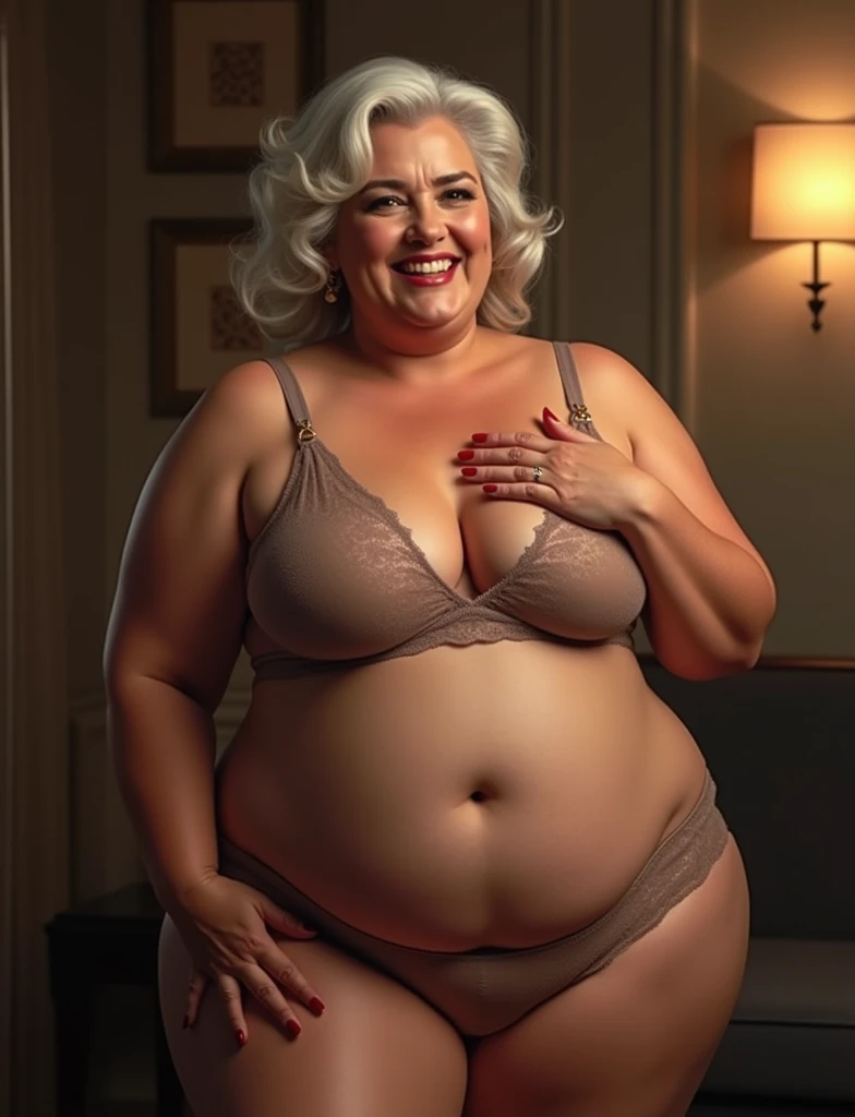 A elderly plus sized woman with a confident and flirtatious smile, looking directly at the camera. high class, She is wearing y transparent lingery, nakilf, milf, ter, soft skin, highlights her curvy, voluptuous figure, realistic, cutie, exuding a mature sensu Her pose is playful and alluring, touching her breast, legs open.oftly lit, intimate background enhances the seductive atmosphere, making her the focal point of the image