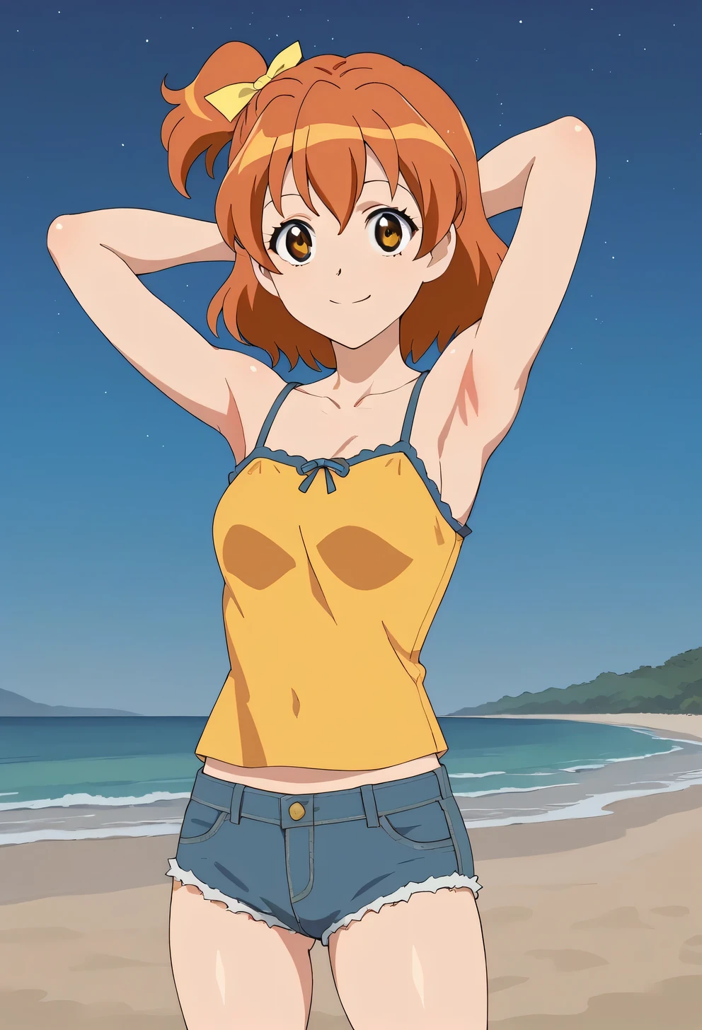 yamabuki inori, orange hair, brown eyes, medium hair, one side up, yellow ribbon, hair ribbon, camisole, denim shorts, shiny skin, looking at viewer, high quality, closed mouth, looking at viewer, smile, showing armpit, looking at viewer, solo, contrapposto, spread armpit, arms behind head, smile, looking at viewer, (cowboy shot:1.5), closed mouth, night sky, beach, best quality,