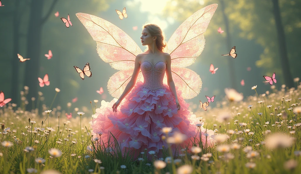 Wearing a pink dress made of flowers and sparkling wings. She stands in a field surrounded by butterflies..