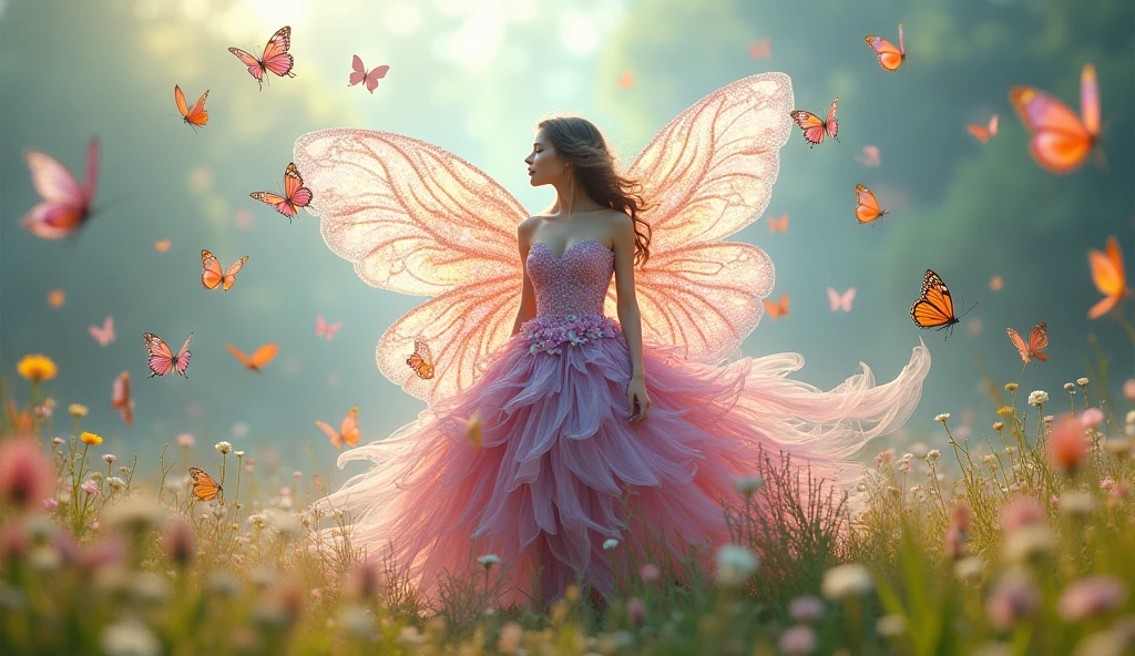 Wearing a pink dress made of flowers and sparkling wings. She stands in a field surrounded by butterflies..